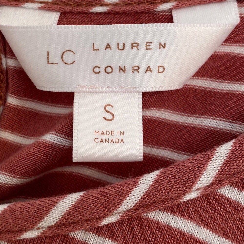 LC Lauren Conrad Striped Bell Sleeve Top Mauve Pink Boho Keyhole Ruffle Shirt S - Picture 4 of 7